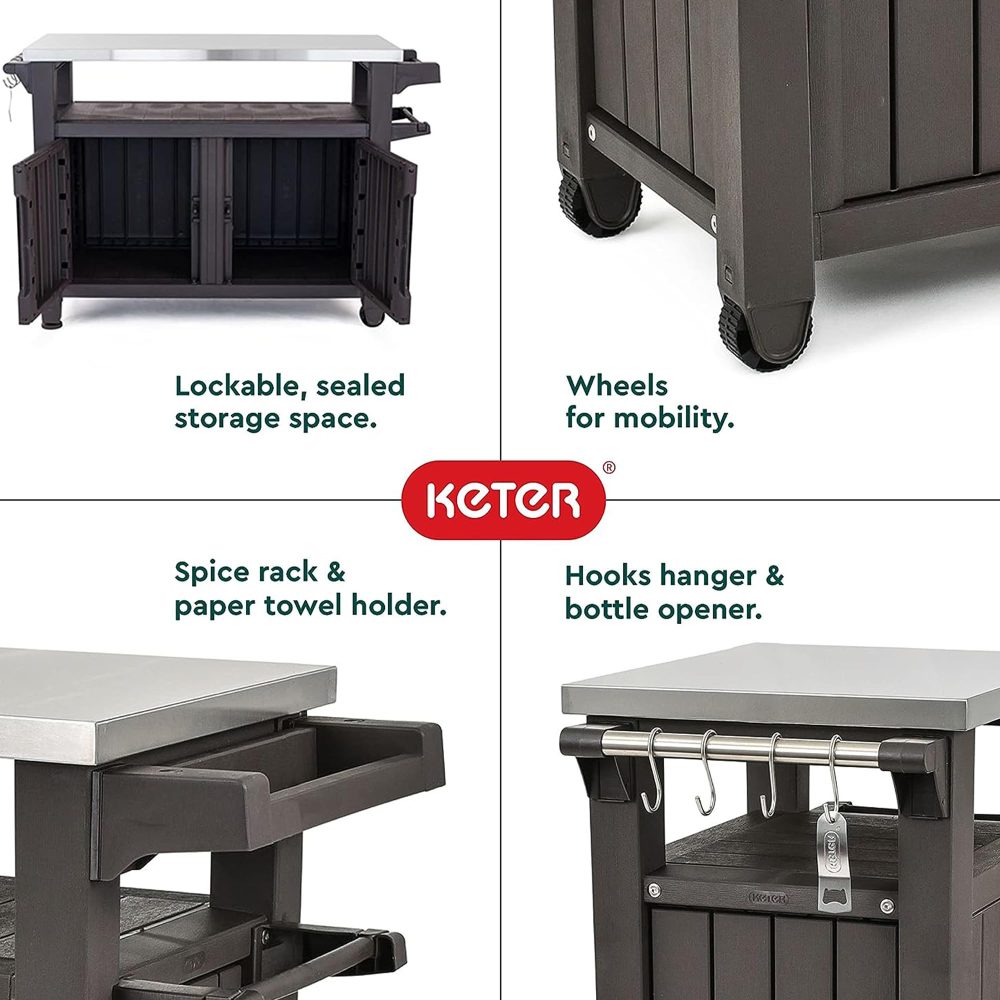 Keter Unity XL Outdoor Kitchen Rolling Bar Cart with Storage Cabinet, Brown - Image 8