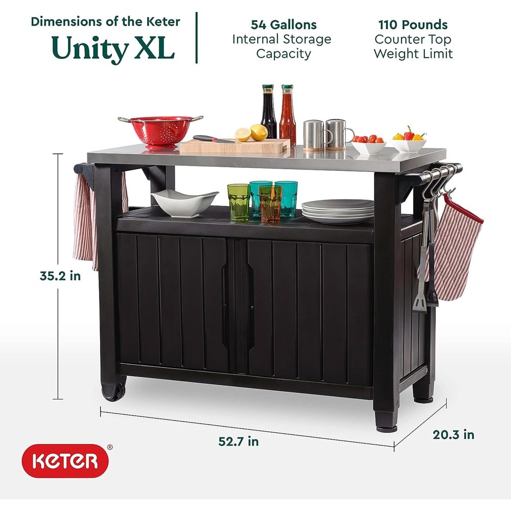 Keter Unity XL Outdoor Kitchen Rolling Bar Cart with Storage Cabinet, Brown - Image 9