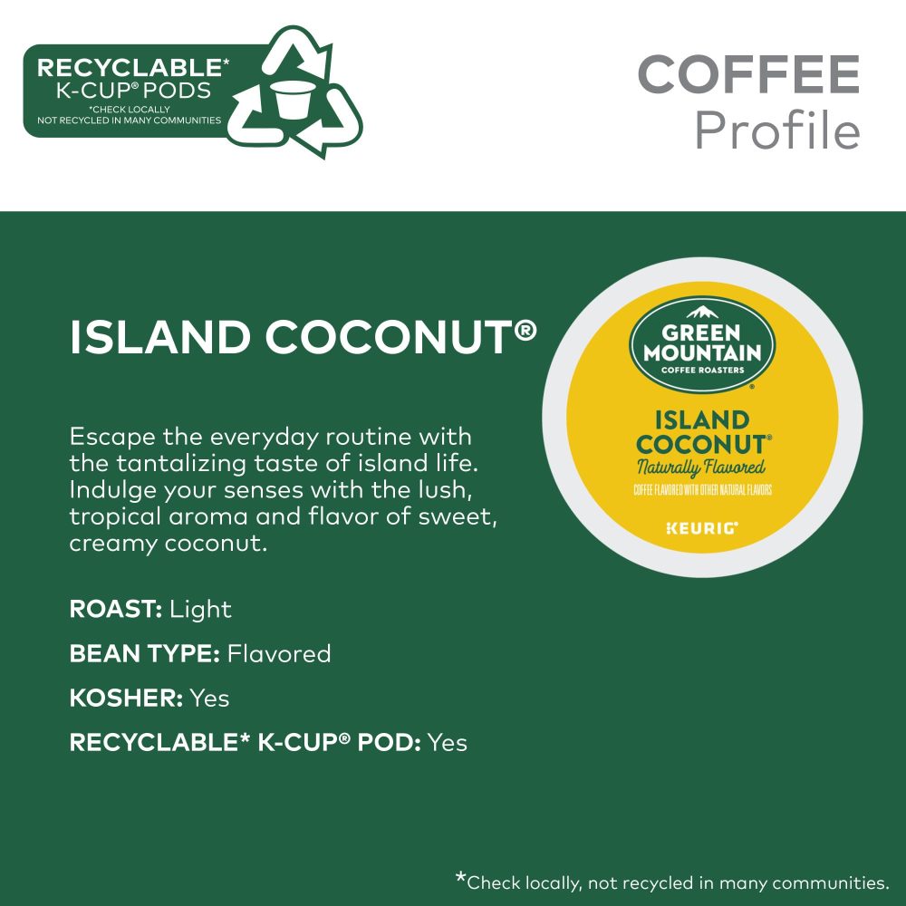 Green Mountain Coffee Roasters Island Coconut  Single-Serve K-Cup Pods, Light Roast Coffee, 96 Count (4 Packs of 24) - Image 13