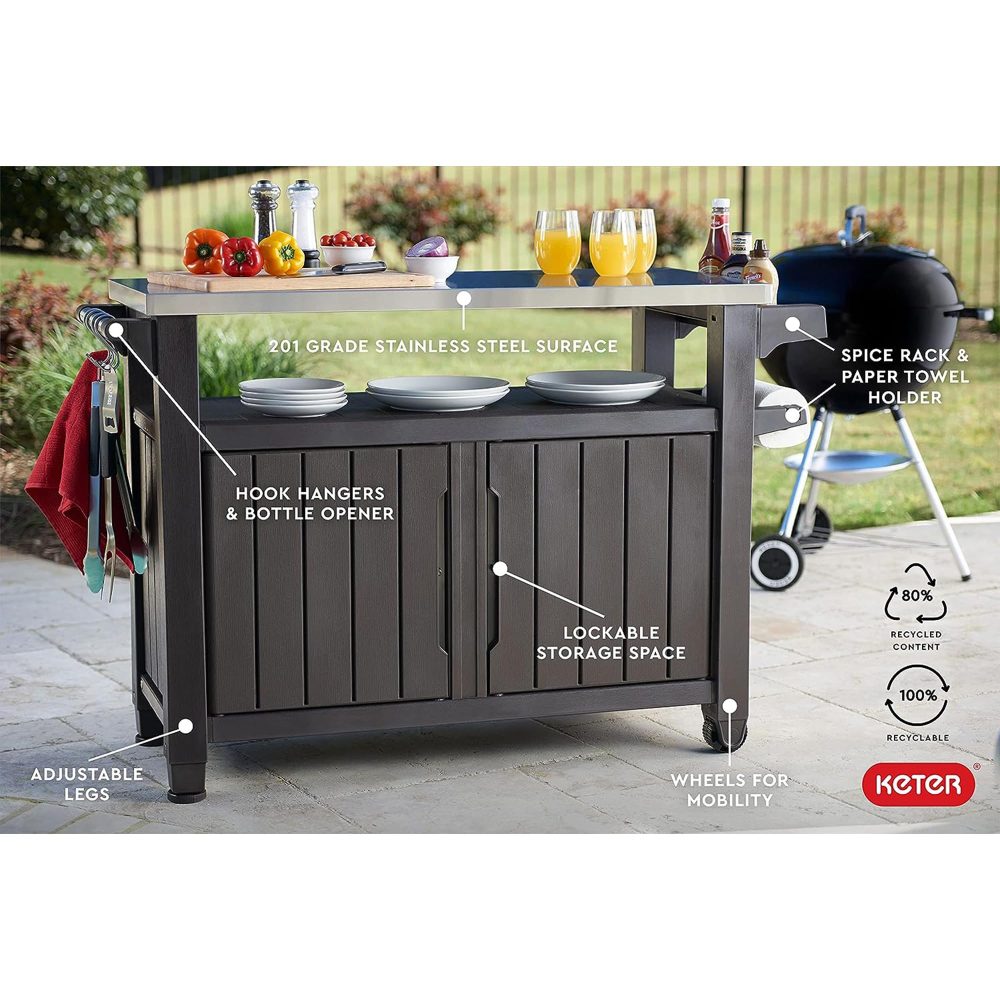 Keter Unity XL Outdoor Kitchen Rolling Bar Cart with Storage Cabinet, Brown - Image 7