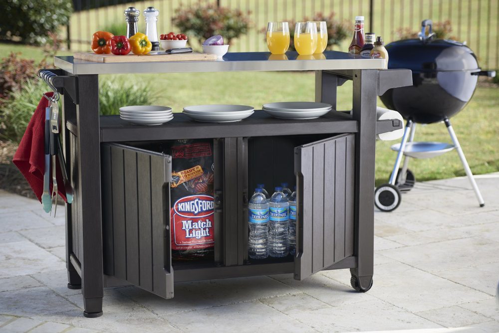 Keter Unity XL Outdoor Kitchen Rolling Bar Cart with Storage Cabinet, Brown - Image 10