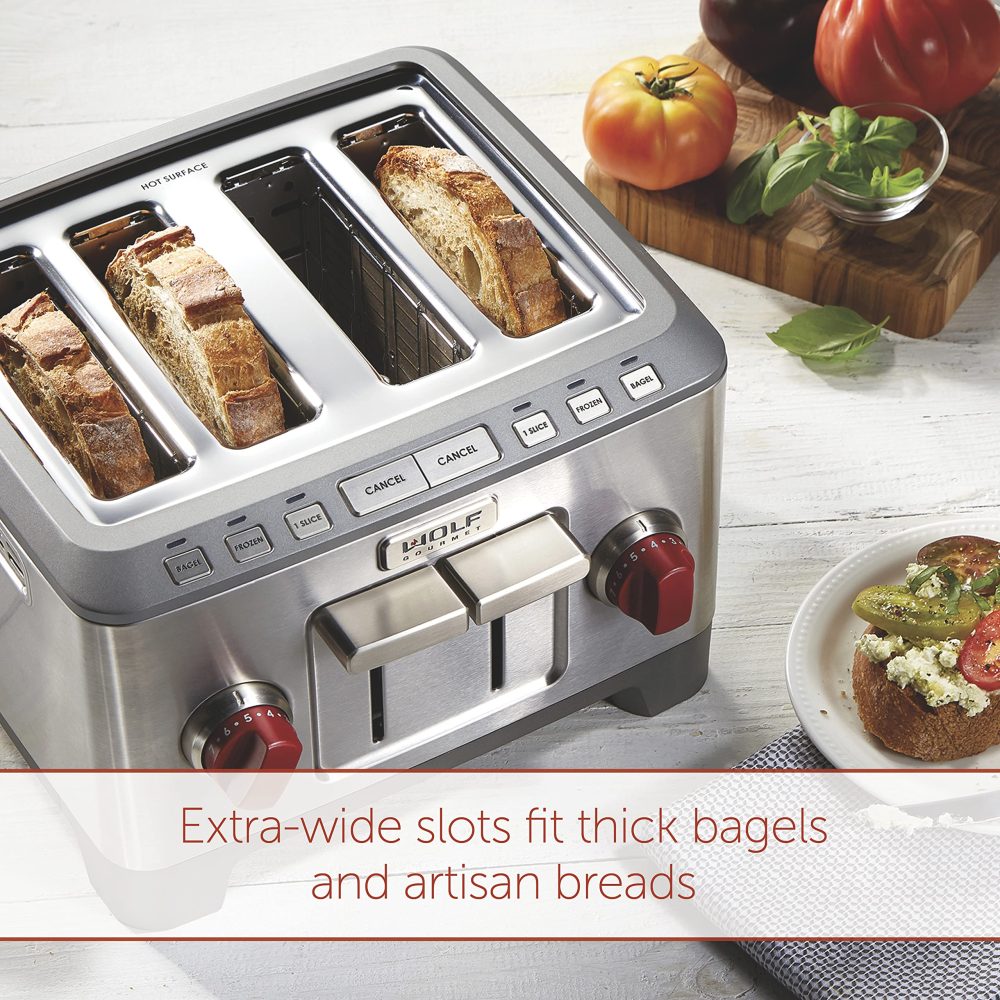 Wolf Gourmet 4-Slice Extra-Wide Slot Toaster with Shade Selector, Bagel and Defrost Settings, Red Knob, Stainless Steel - Image 7
