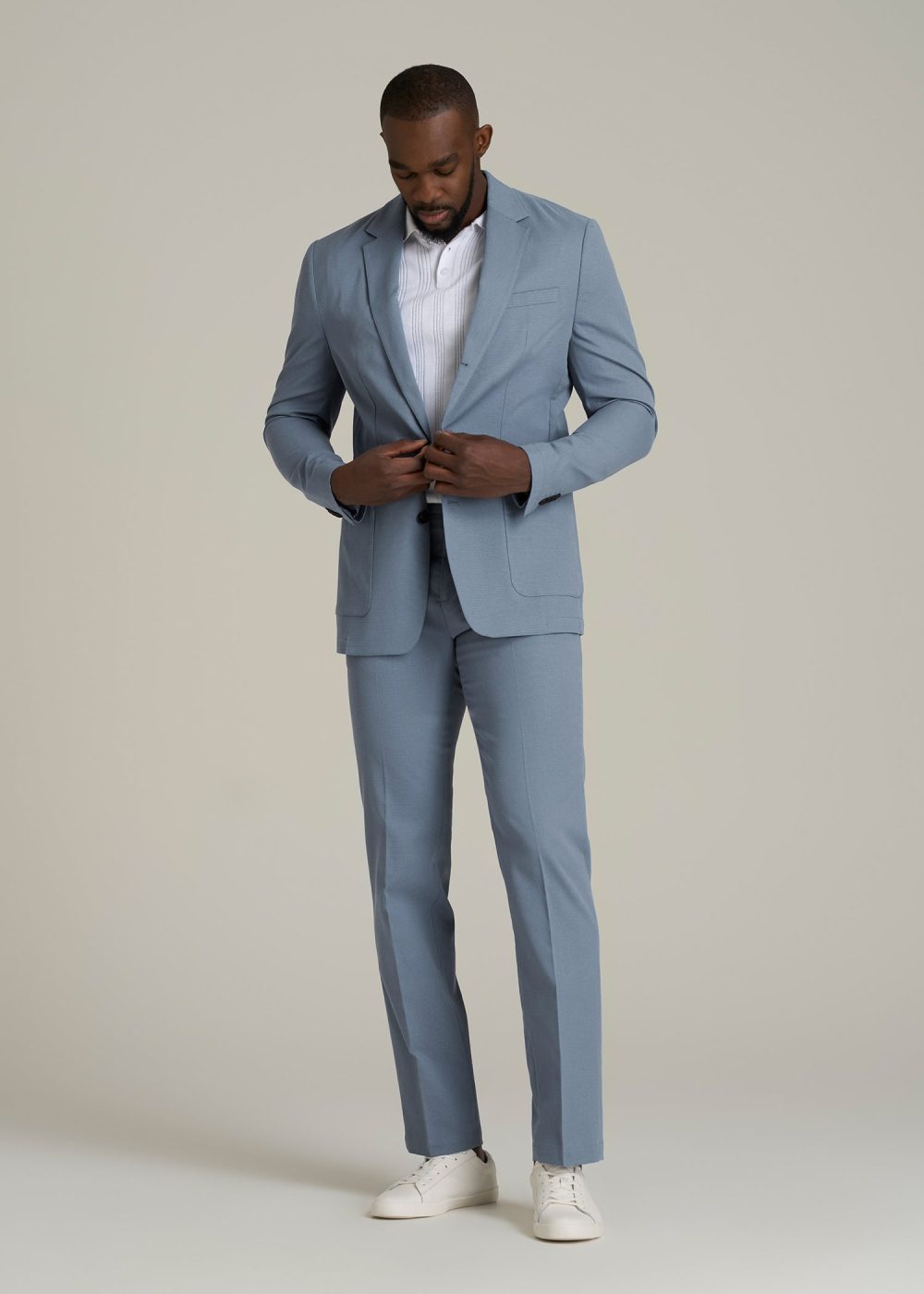 Textured Garment Washed Stretch Cotton Tall Blazer in Chambray - Image 4