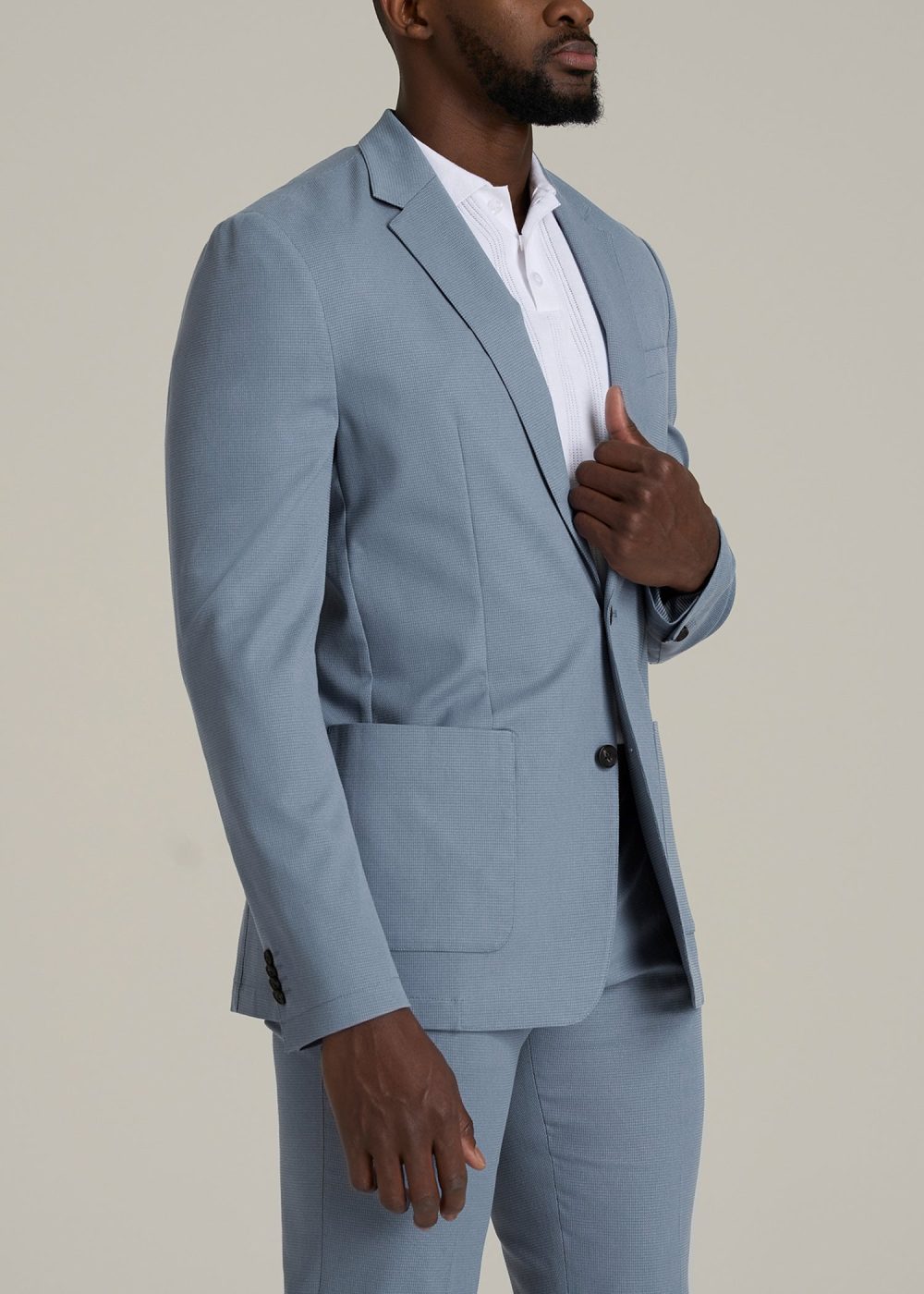 Textured Garment Washed Stretch Cotton Tall Blazer in Chambray - Image 3