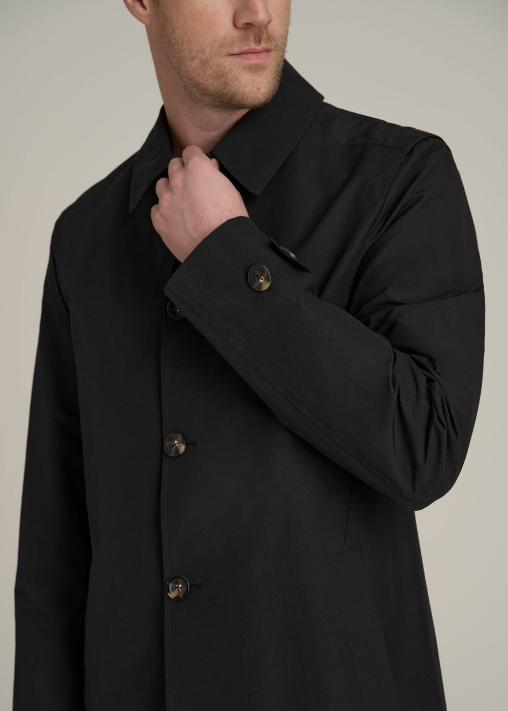 Minimalist Trench Coat for Tall Men in Black - Image 2