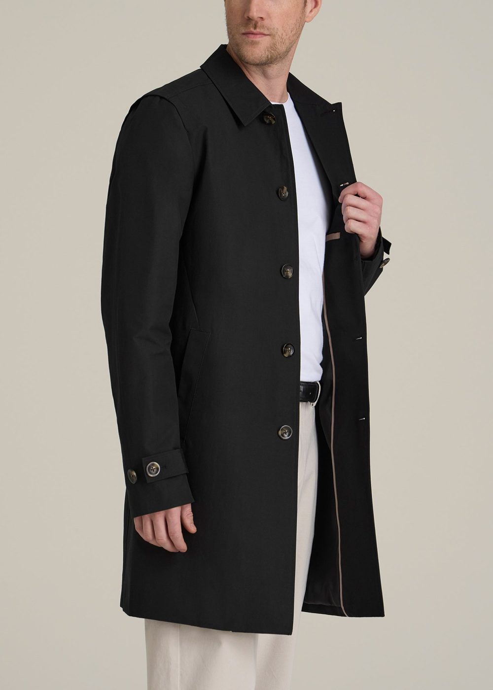 Minimalist Trench Coat for Tall Men in Black - Image 3