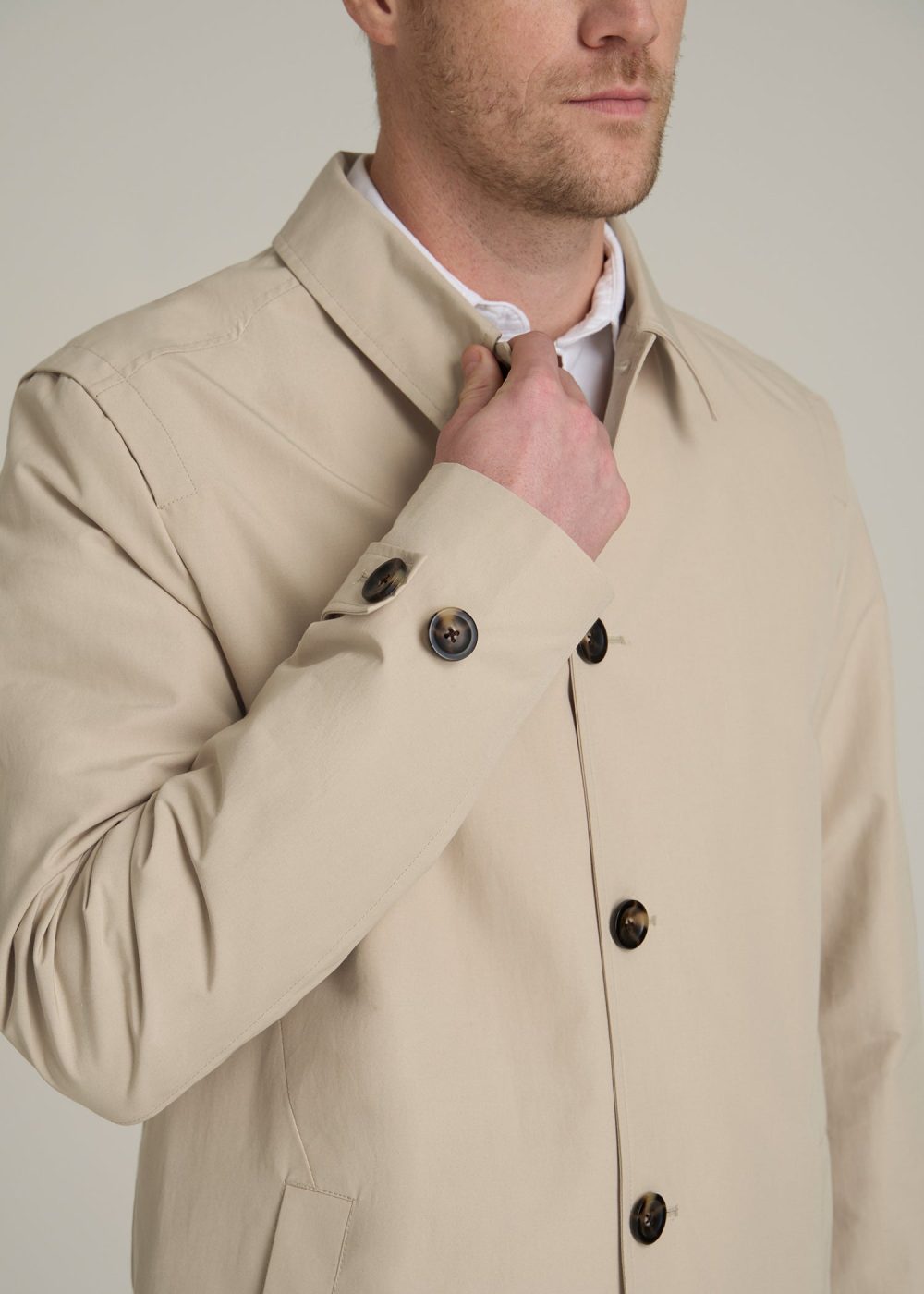 Minimalist Trench Coat for Tall Men in Light Khaki - Image 2