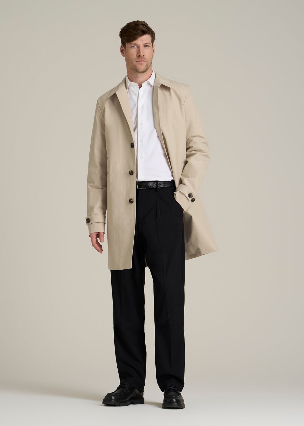 Minimalist Trench Coat for Tall Men in Light Khaki - Image 4