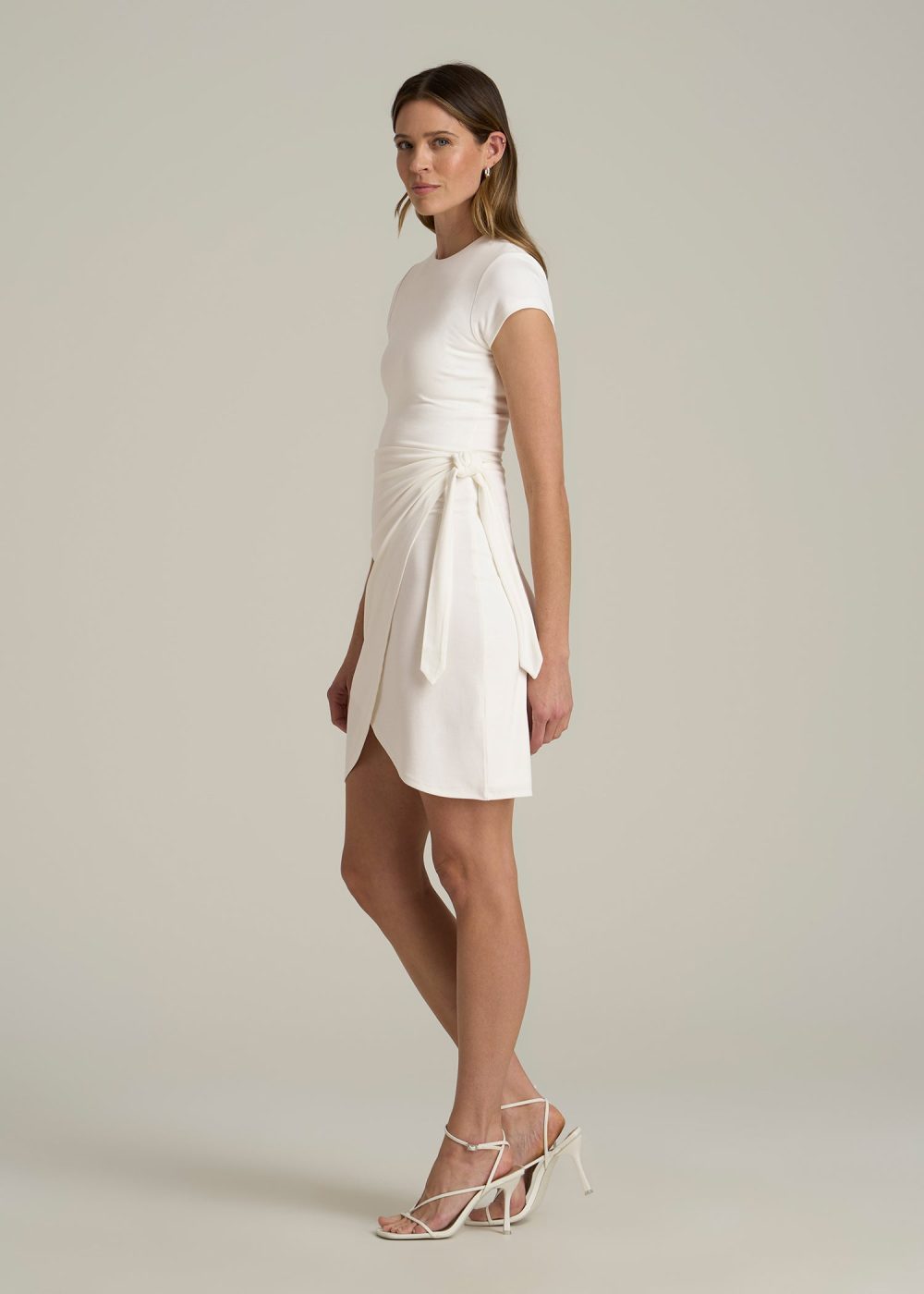 Cap Sleeve Wrap Mini Dress for Tall Women in White Alyssum - Image 4