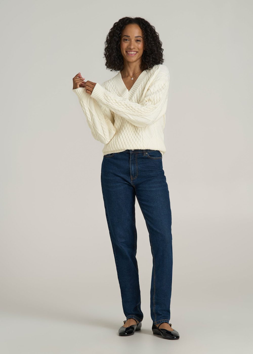 V Neck Cashmere Blend Cable Knit Women's Tall Sweater in Winter White - Image 4