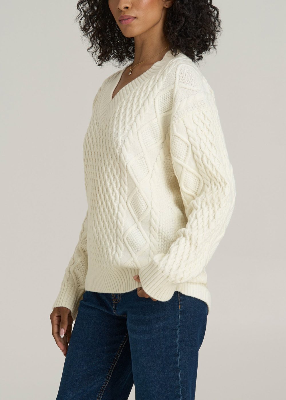 V Neck Cashmere Blend Cable Knit Women's Tall Sweater in Winter White - Image 3