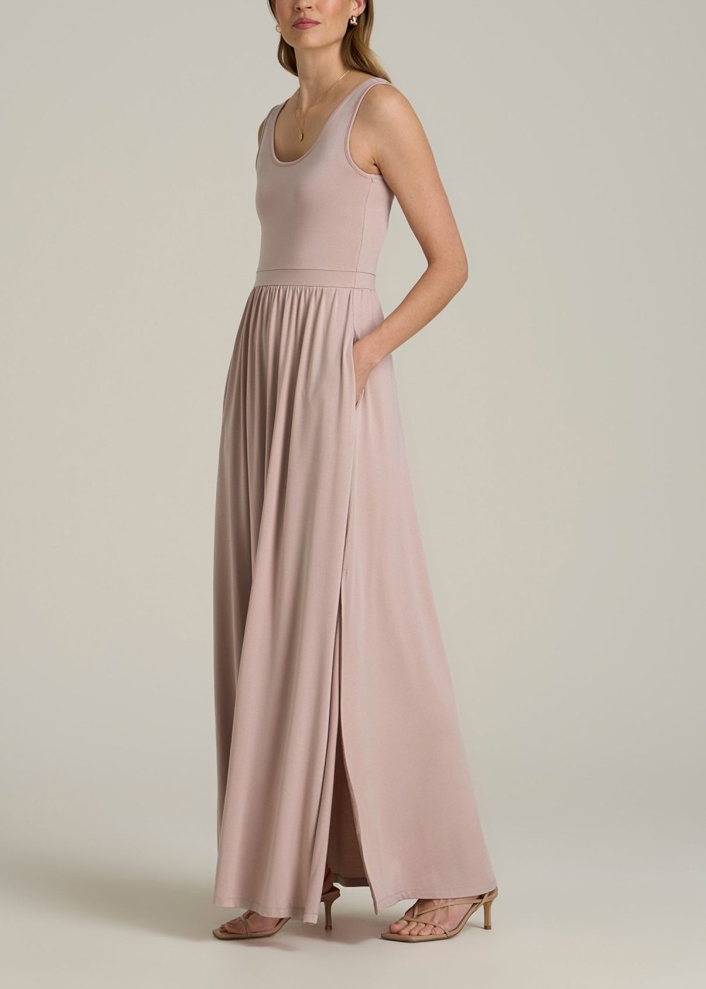 Jersey Tank Maxi Dress with Pockets for Tall Women in Desert Rose - Image 3