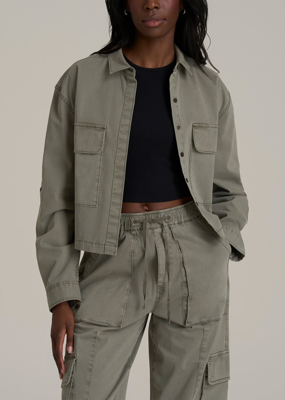 Garment Dyed Utility Shirt for Tall Women in Camper Green