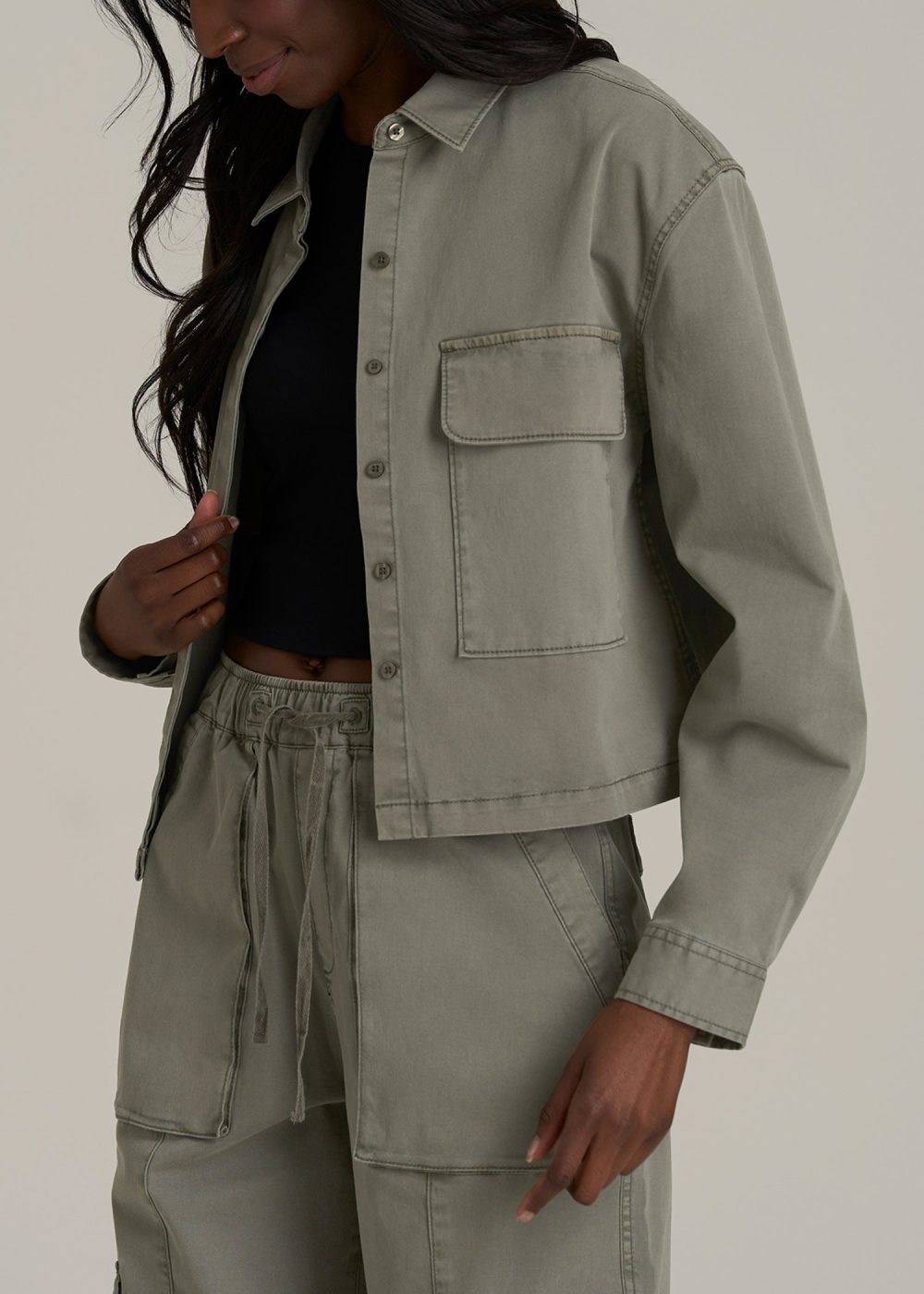 Garment Dyed Utility Shirt for Tall Women in Camper Green - Image 3