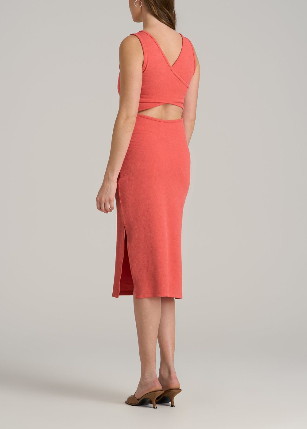 Midi Cross Back Sleeveless Dress for Tall Women in Sunset Coral - Image 5