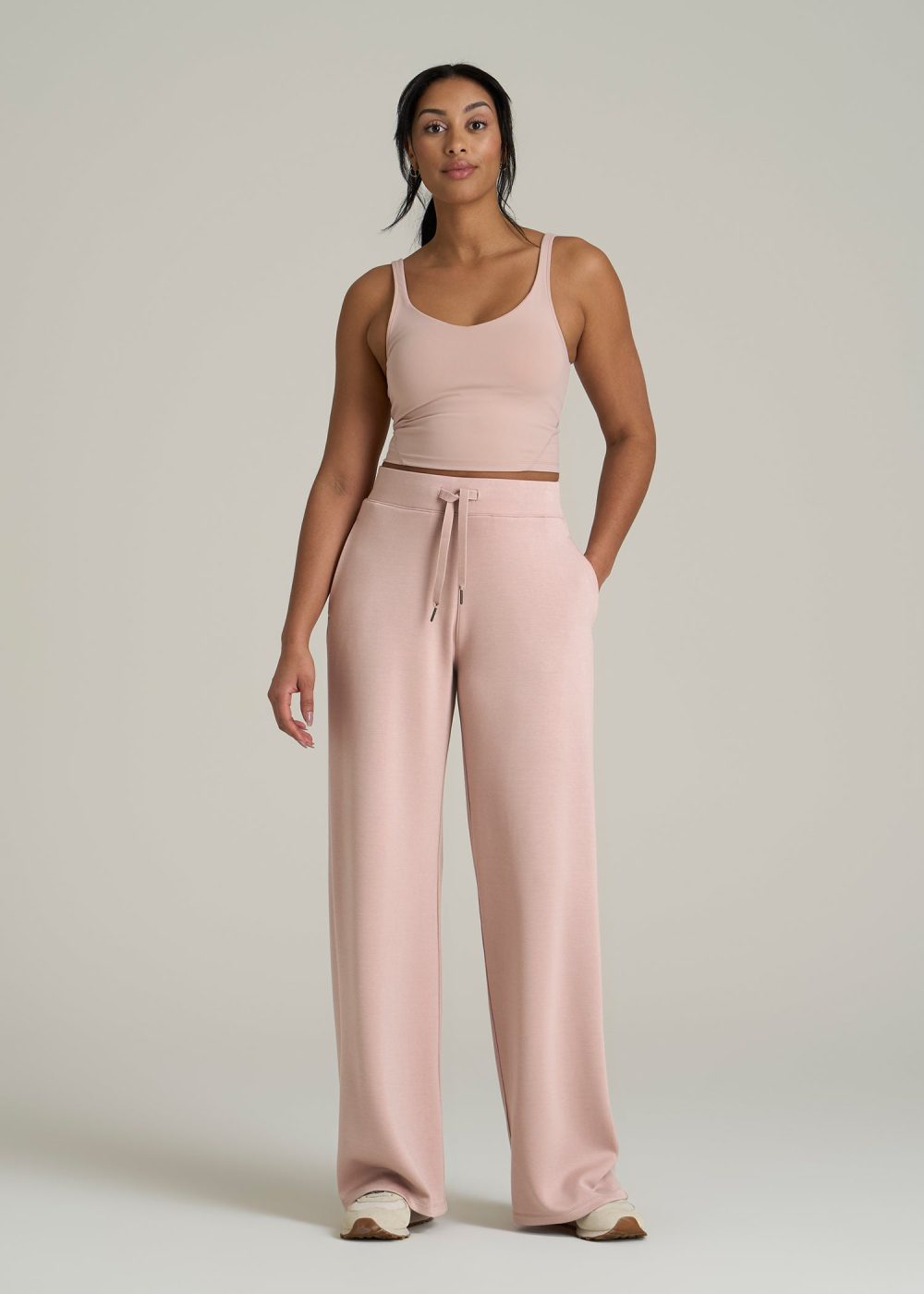 Pull-On Tie Waist Wide Leg Pants for Tall Women in Desert Rose - Image 4