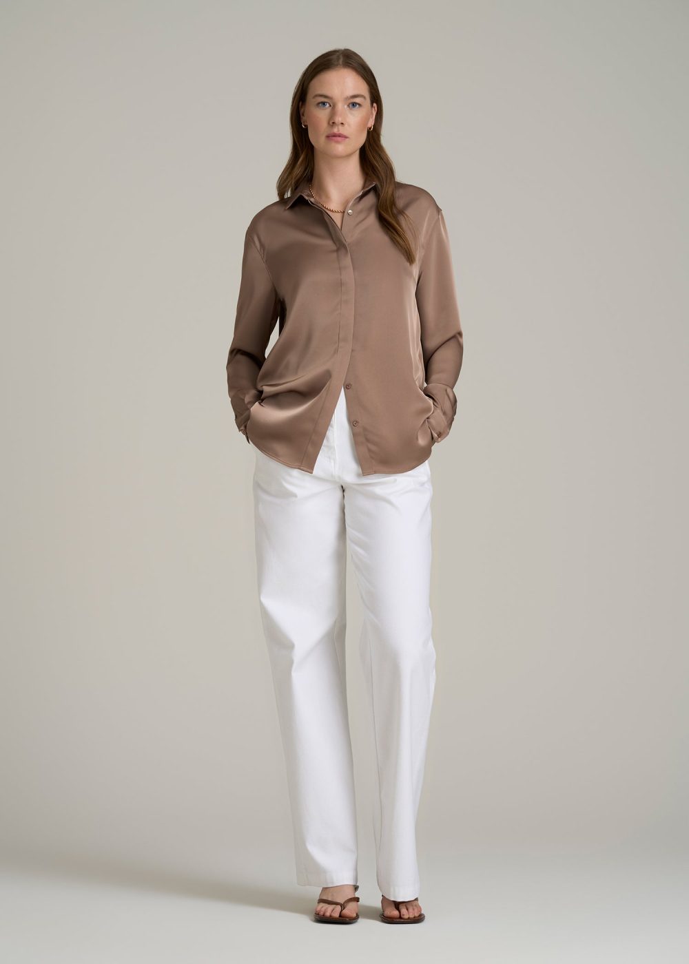 Relaxed Button Up Tall Women's Blouse in Latte - Image 4