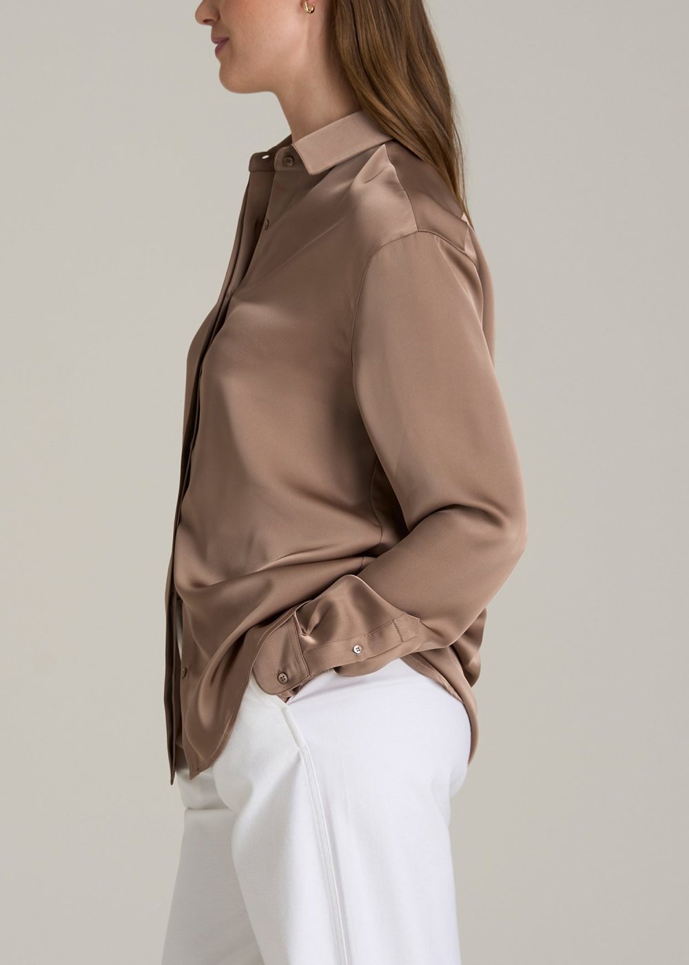 Relaxed Button Up Tall Women's Blouse in Latte - Image 3