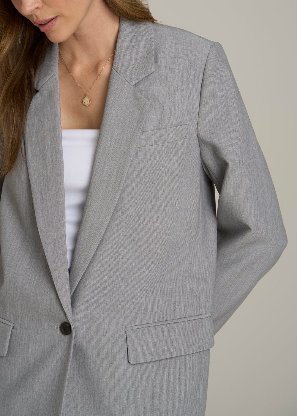 Boyfriend Fit Single-Button Blazer for Tall Women in Ash Grey Mix - Image 2
