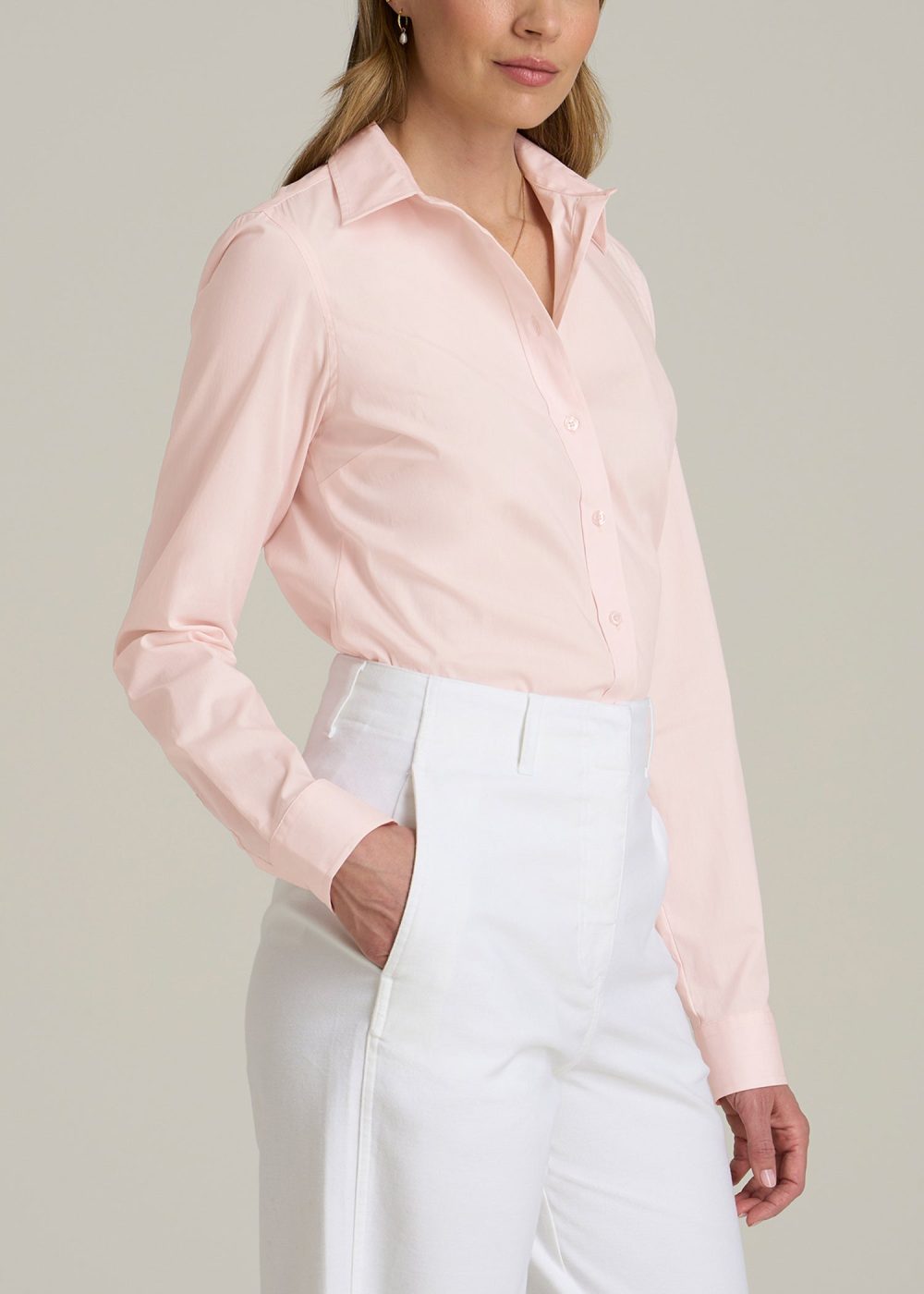 Slim Fit Button Up Women's Tall Shirt in Barely Pink - Image 3