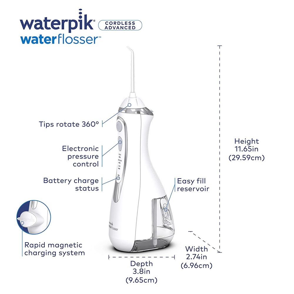 Waterpik Cordless Advanced Water Flosser For Teeth, Gums, Braces, Dental Care With Travel Bag and 4 Tips, ADA Accepted, Rechargeable, Portable, and Waterproof, White WP-560 - Image 4